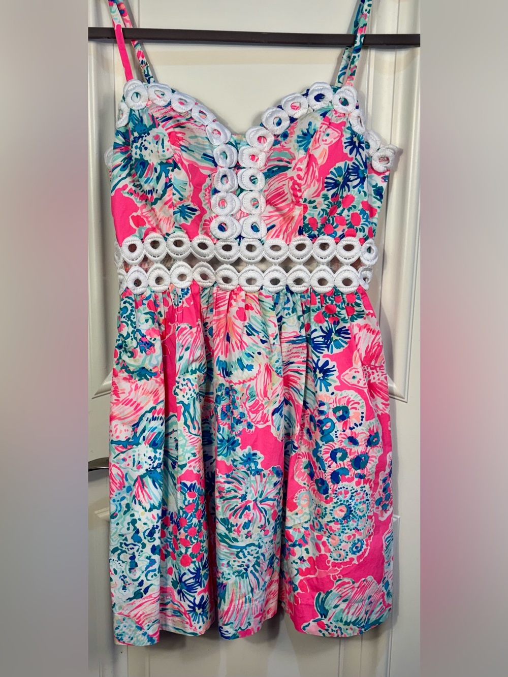 Lilly Pulitzer Rika Tiki Pink Gypsea  Mini Dress Size O Fit Flare Eyelet design